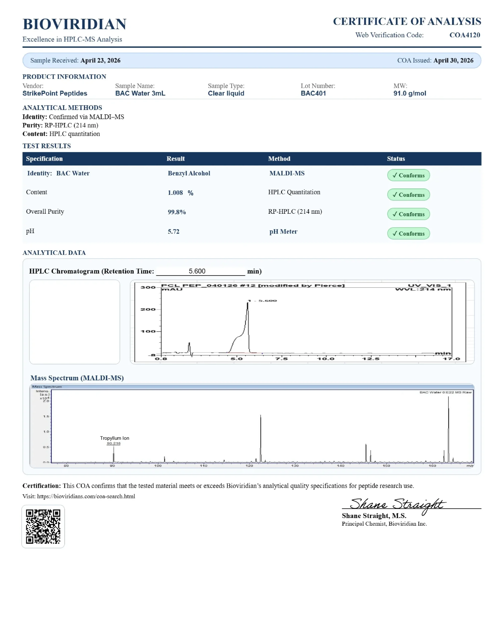 BAC Water 3mL COA