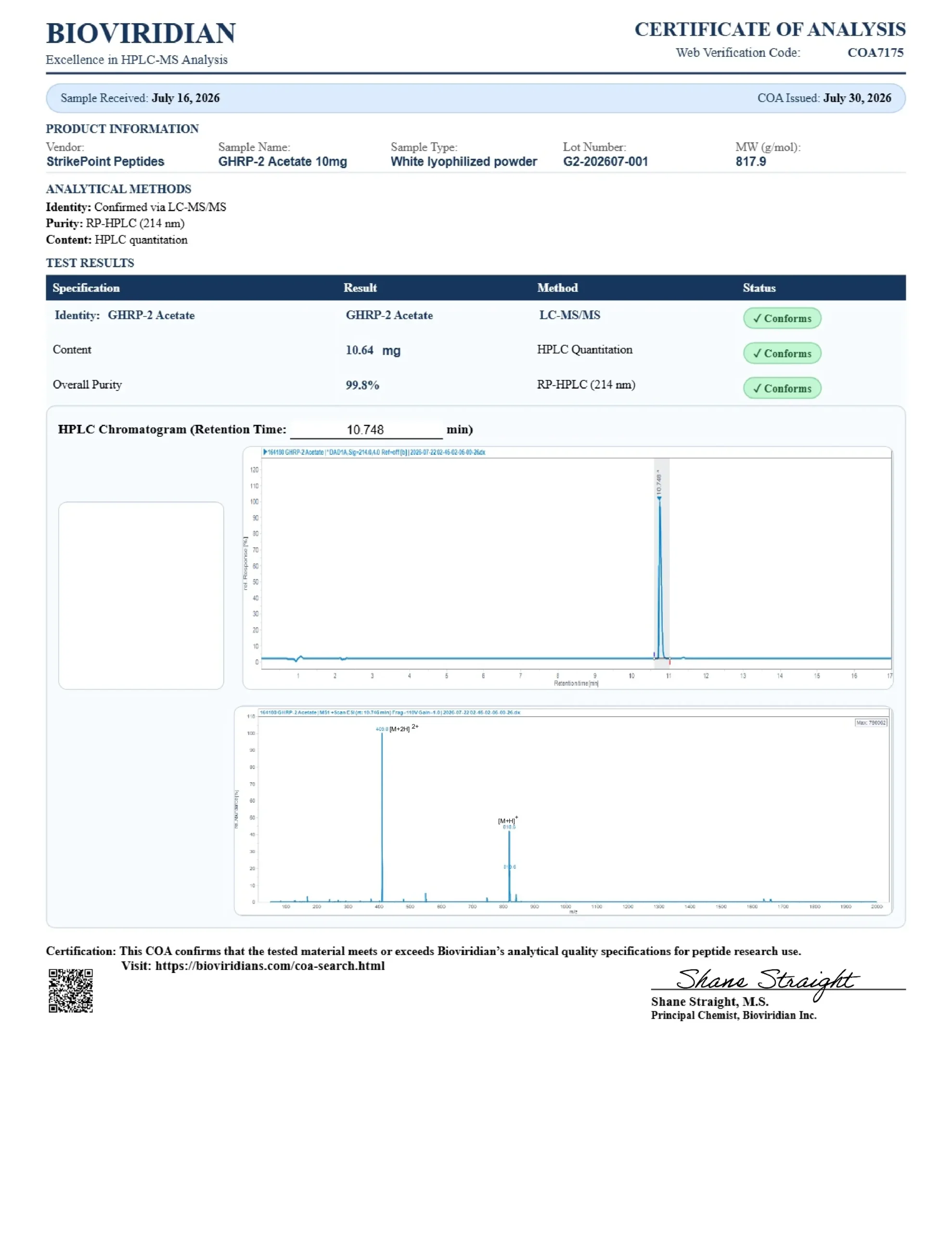 Certificate of Analysis for batch G2-202607-001