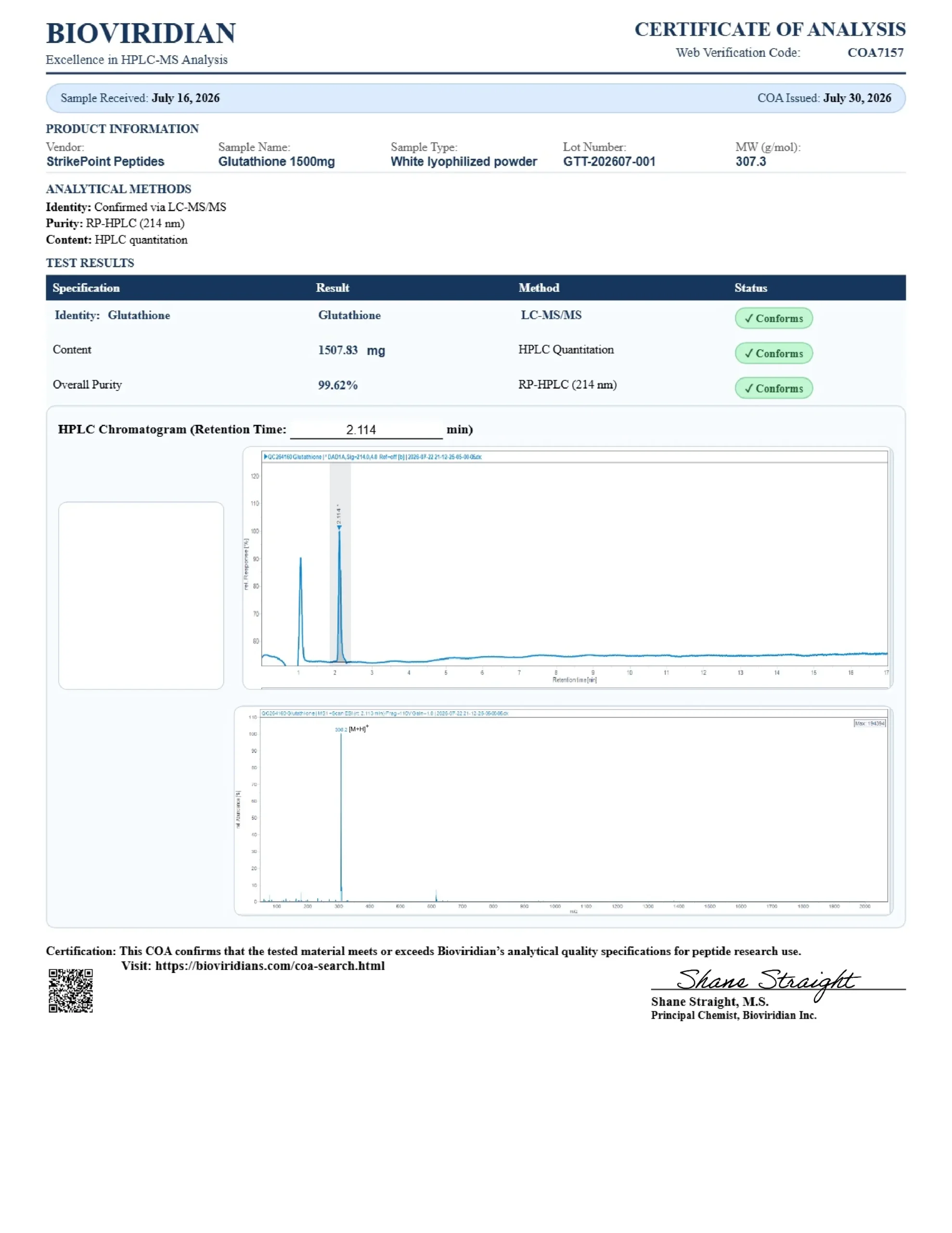 Certificate of Analysis for batch GTT-202607-001