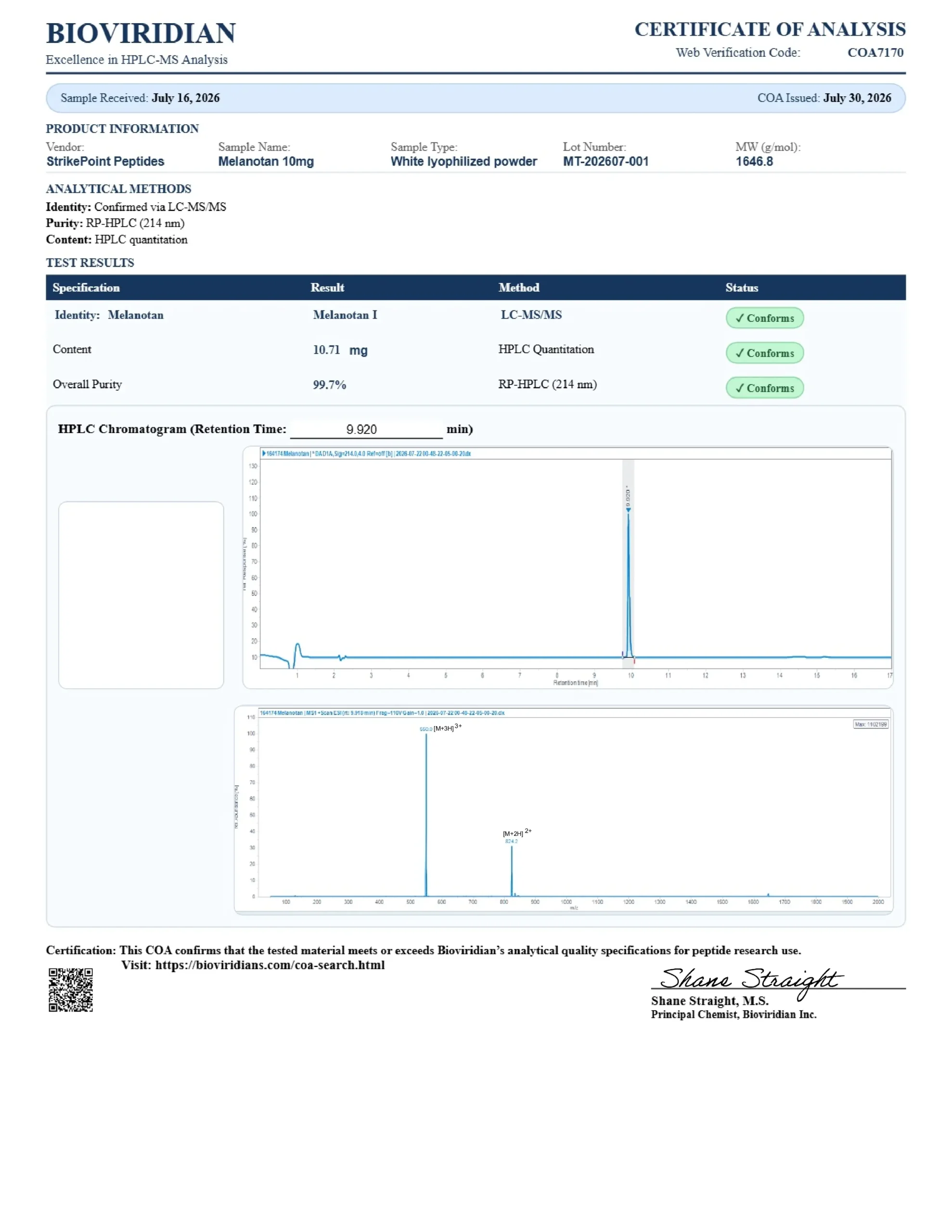 Certificate of Analysis for batch MT-202607-001