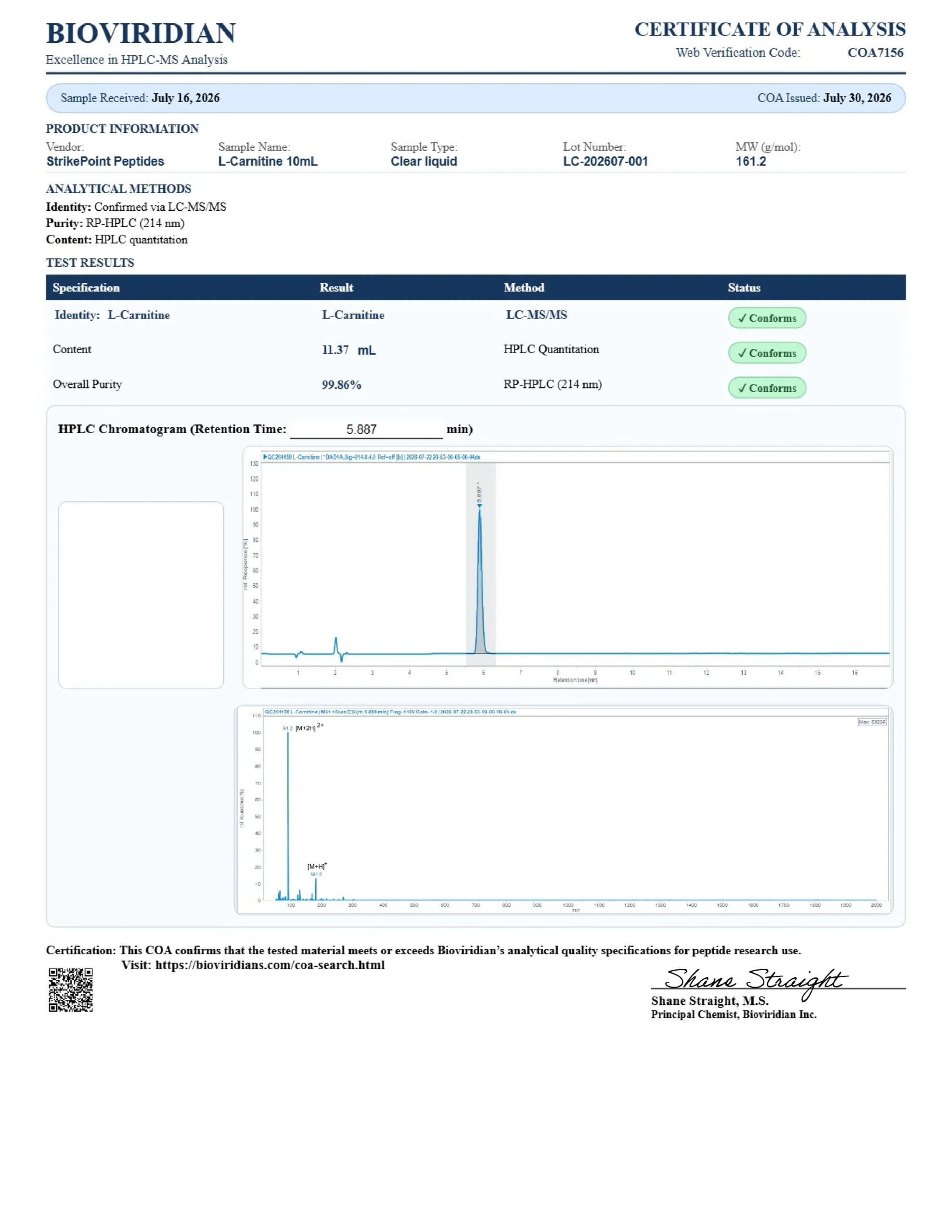 Certificate of Analysis for batch LC-202607-001