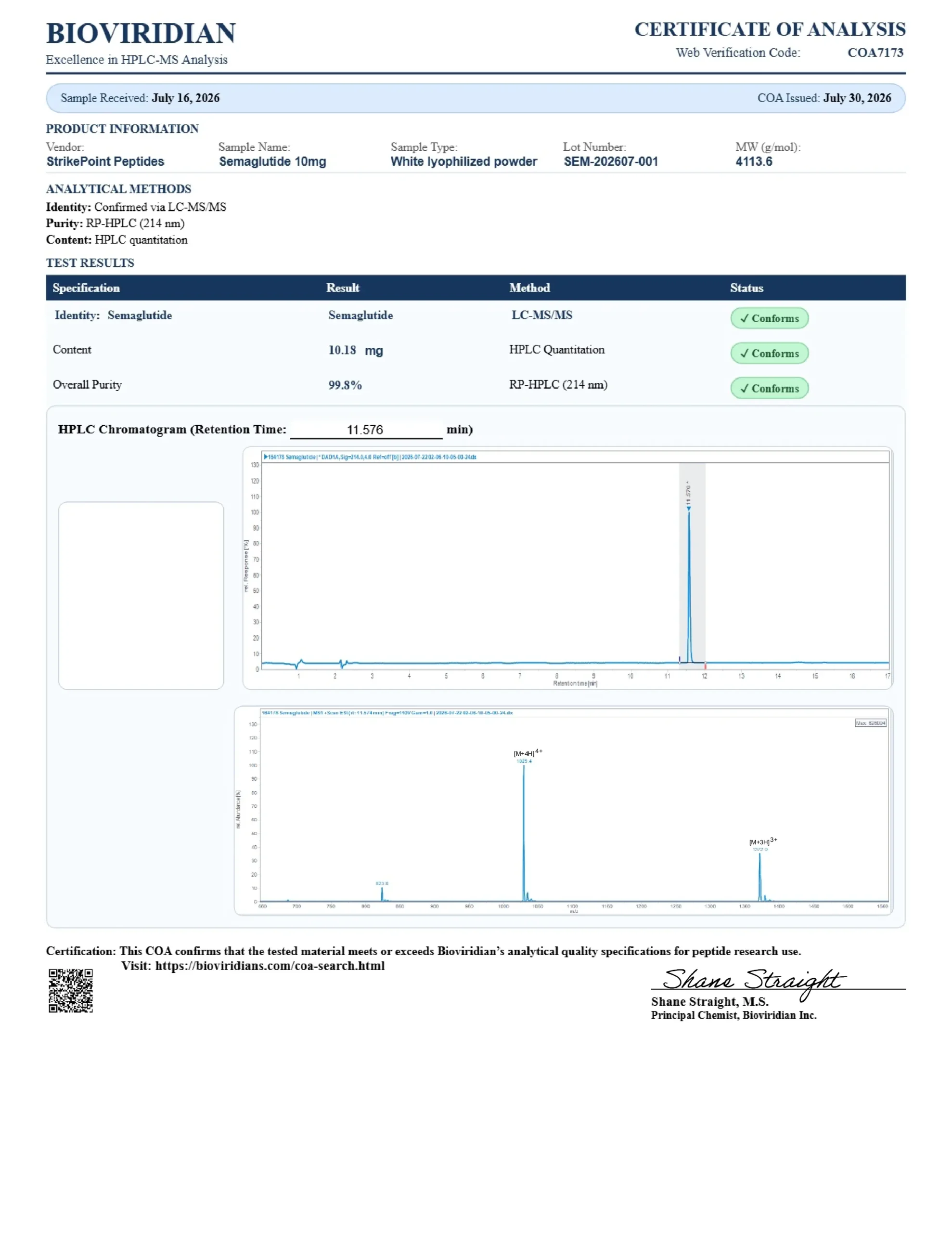 Certificate of Analysis for batch SEM-202607-001